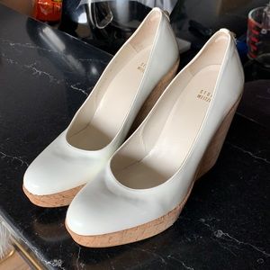 White patent cork wedge heels